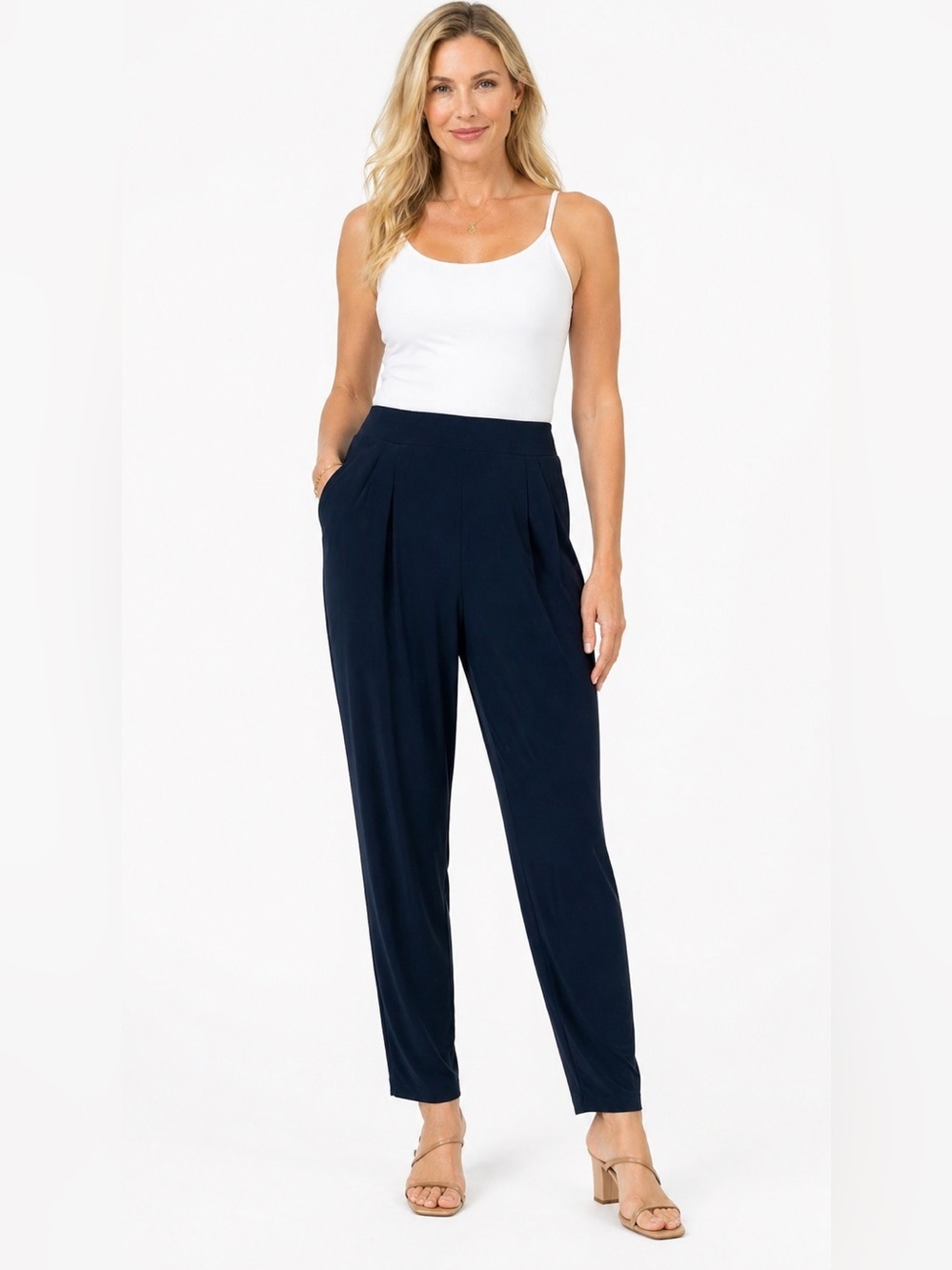 SYMPLI Navy Blue Jersey Knit Pull On Pants Pleated Front to Hem Side Pockets 00G